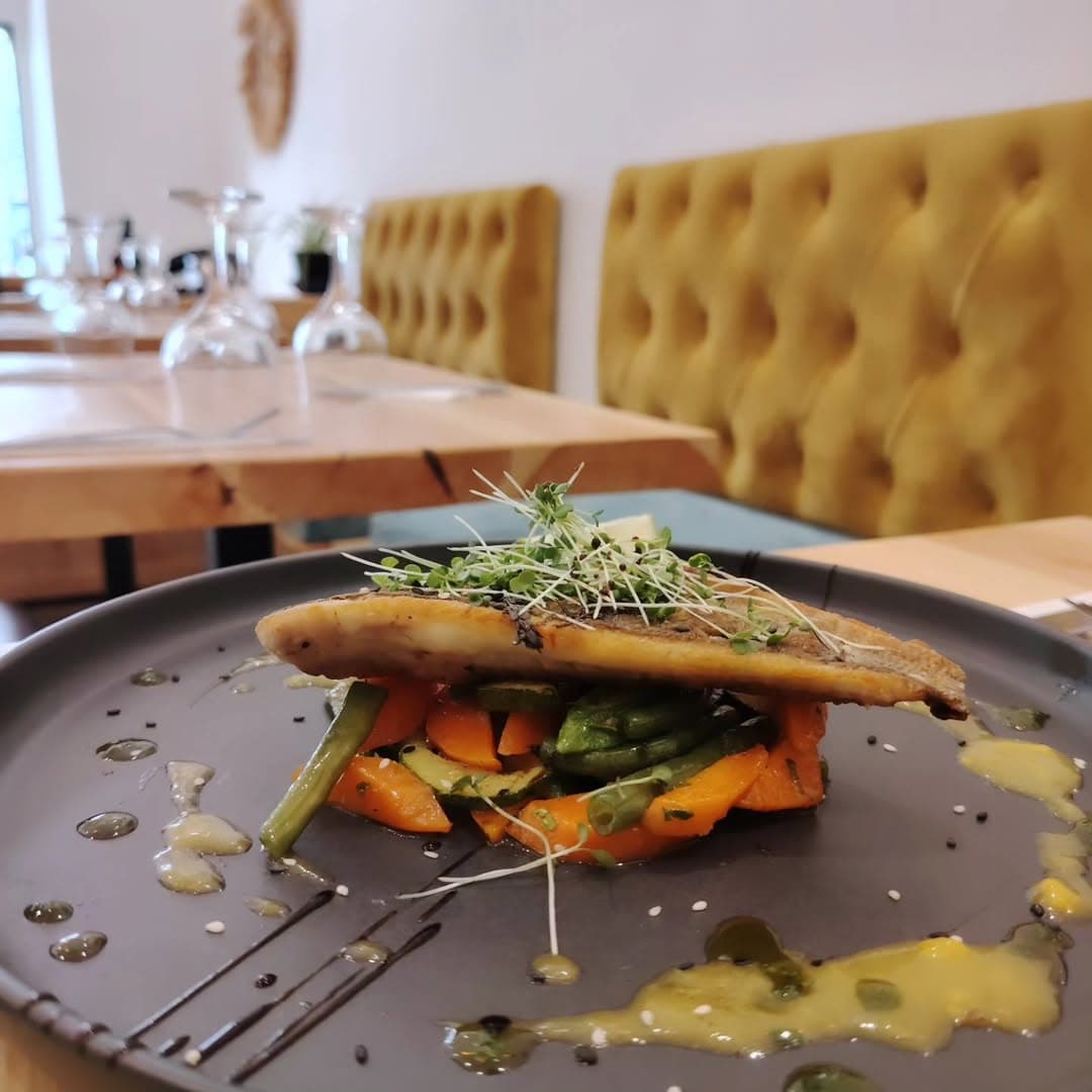 Seared sea bream & garden vegetables