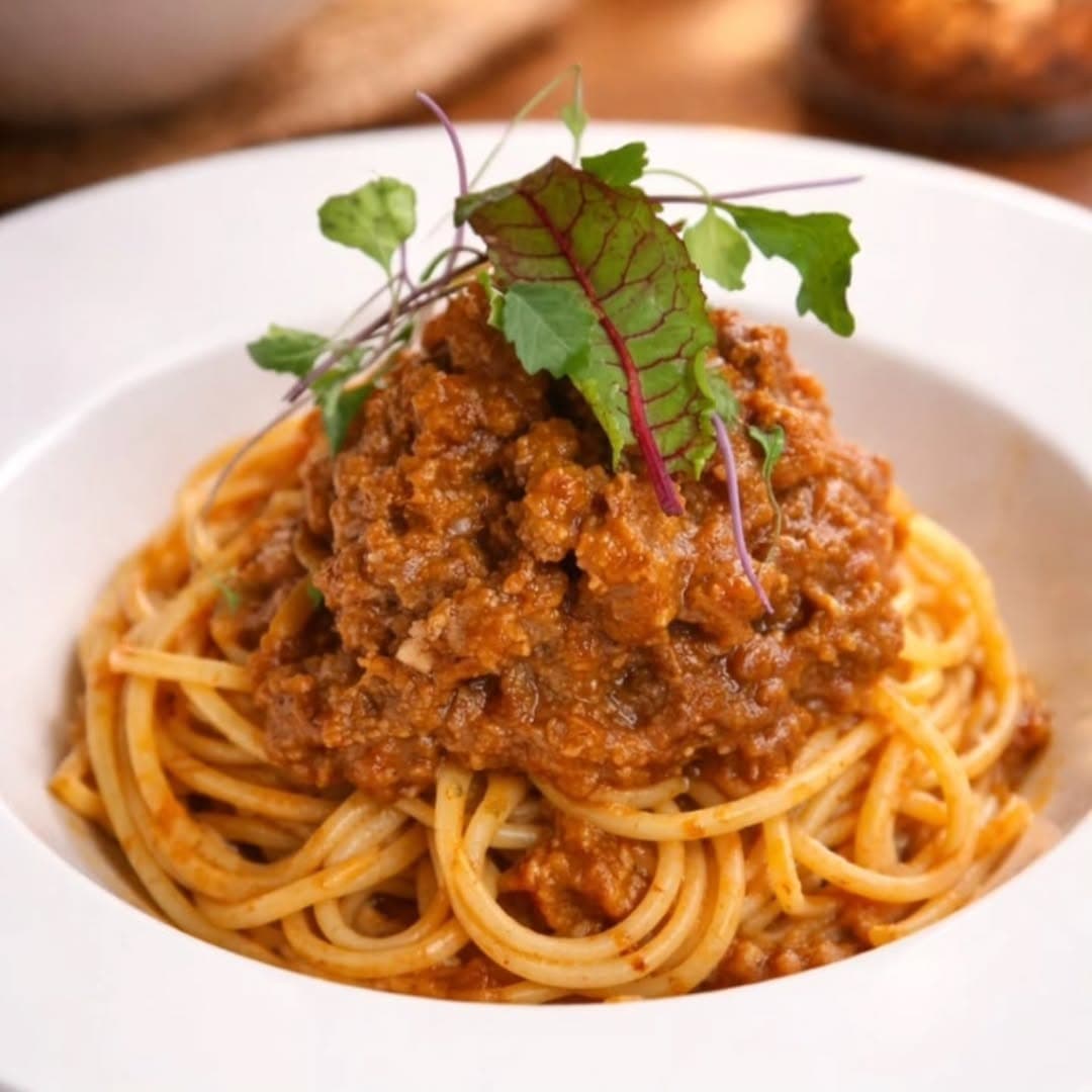 Spaghetti, slow ragù, micro-herbs