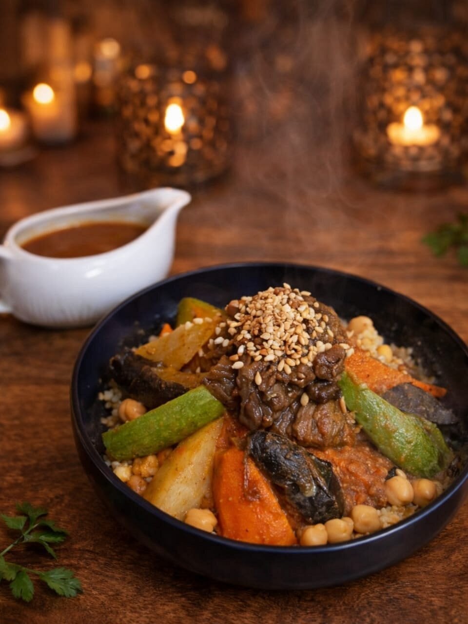 Couscous royale steaming over candlelight at Butterfly Space, Essaouira